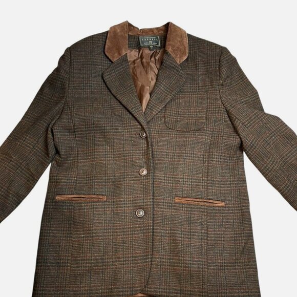 Vintage 90s Wool Plaid Blazer Jacket Women's Large Equestrian Brown Suede Trim - Picture 1 of 15